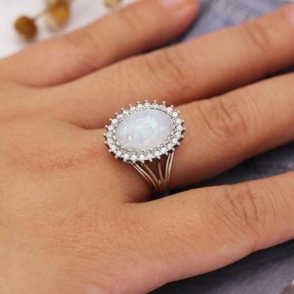 NEW HUGE OPAL DIAMOND HALO STERLING SILVER RING, CUTE RING, SHINY RING. - Picture 2 of 6